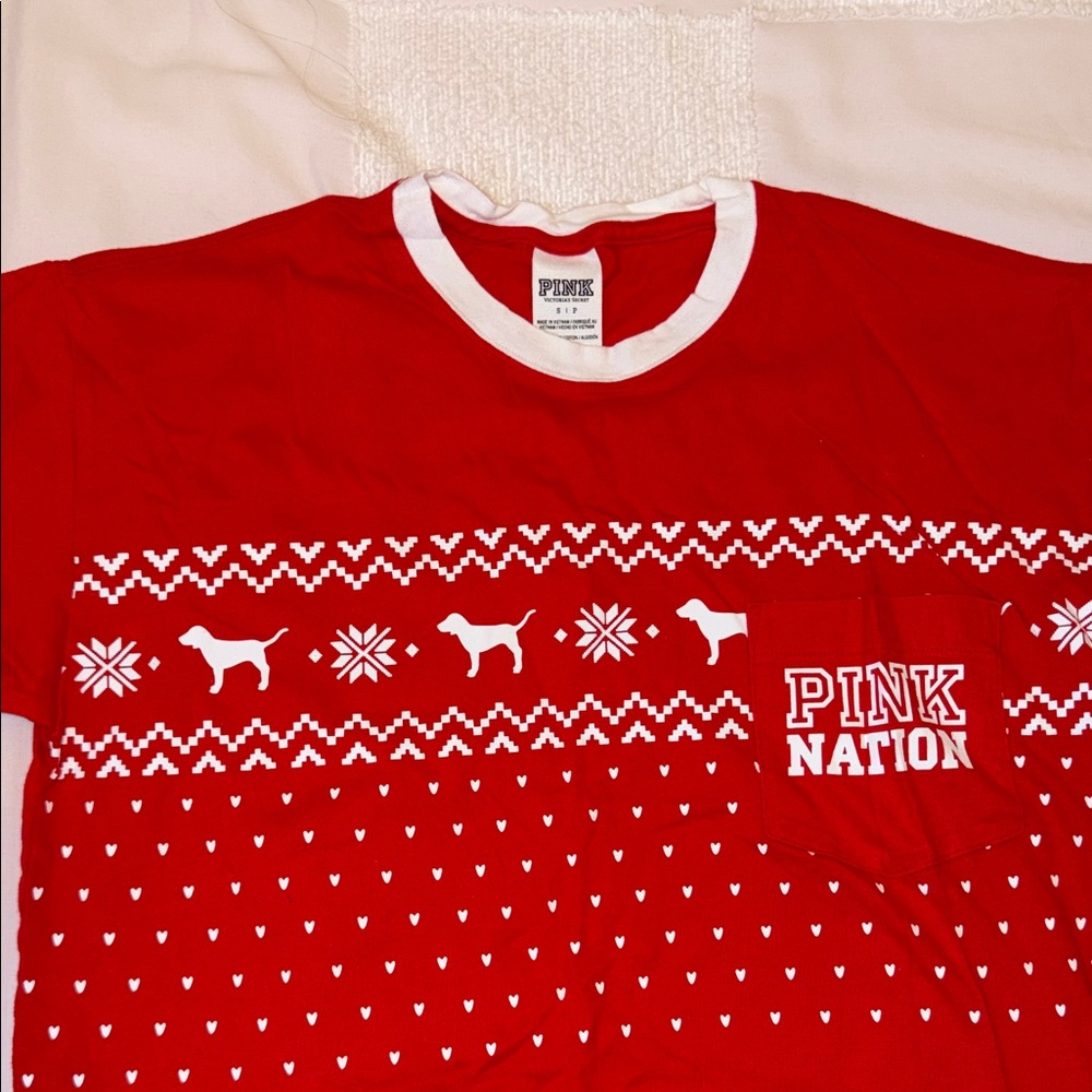 PINK Victoria's Secret Red & White Holiday Dog Ringer Tee